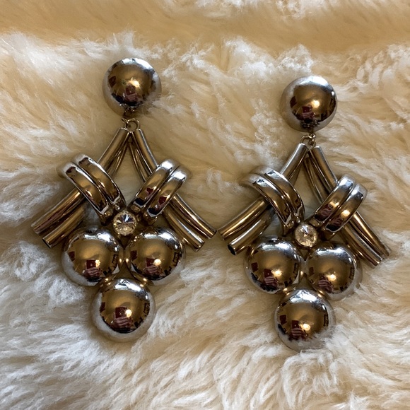 Vintage 80s silver tone and crystal jewel big flashy statement earrings - Picture 1 of 7